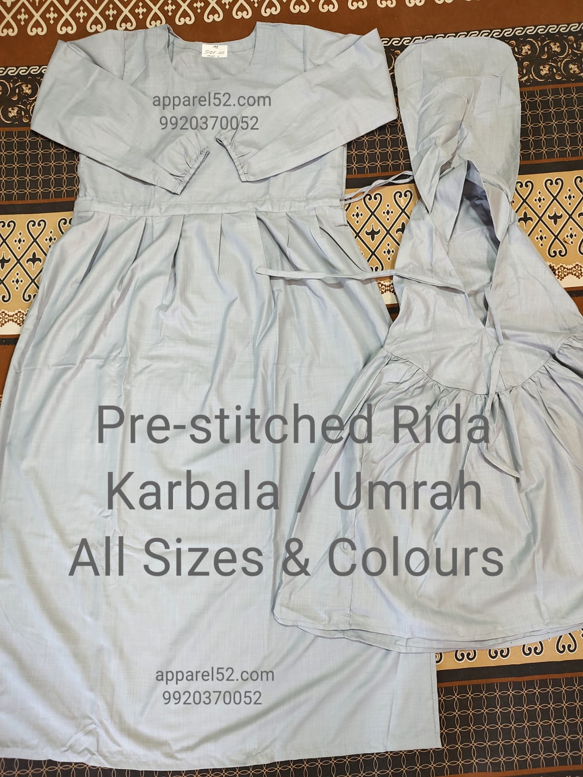  Karbala Kun Safar Plain Colour Rida. Readymade stitched, comfortable soft cotton. Msg your ghagra length (36,38,40,42,44). Same pattern White rida for Umrah also available. Other measurements are as per ghagra length 